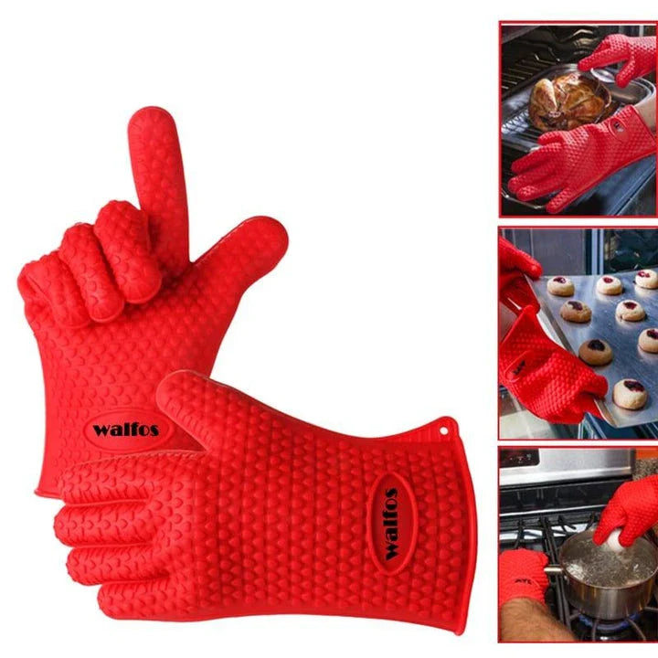Premium heat-resistant silicone barbecue gloves in pink, designed for safe and comfortable outdoor grilling and cooking