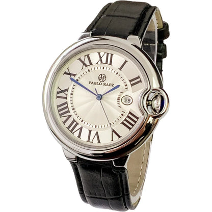 Stainless steel men's watch with large dial, calendar function, and adjustable band