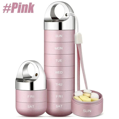 A high-quality, waterproof metal weekly pill box organizer with spacious compartments for managing medications on the go