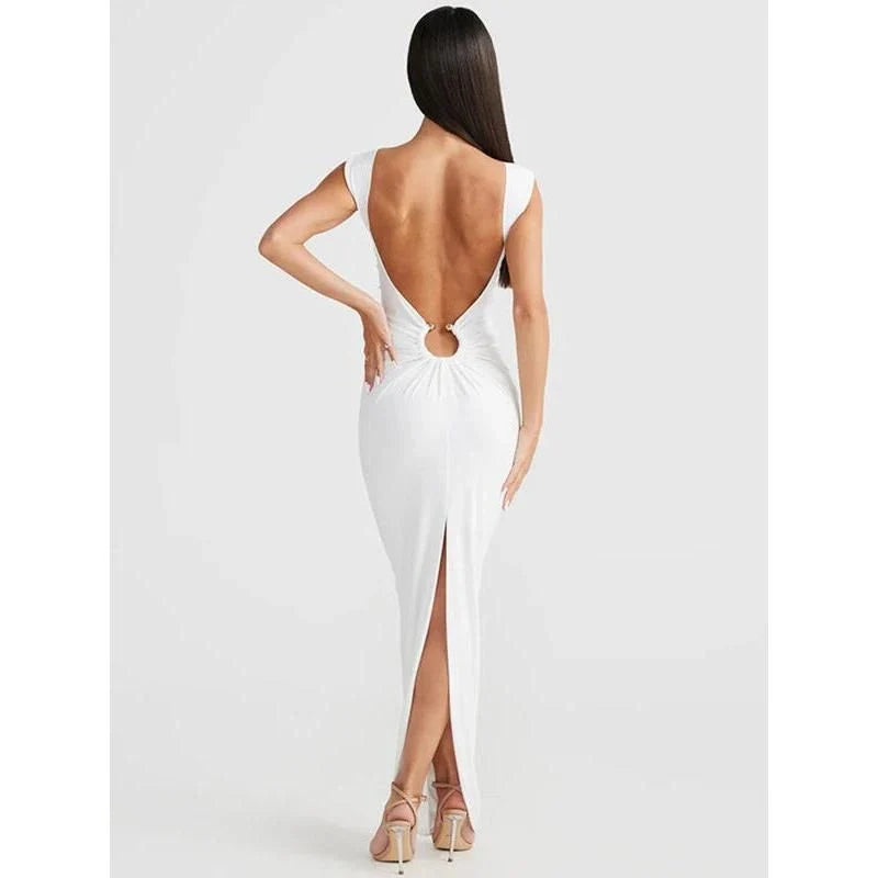 Elegant sleeveless maxi dress with backless detail and high waist, perfect for special occasions
