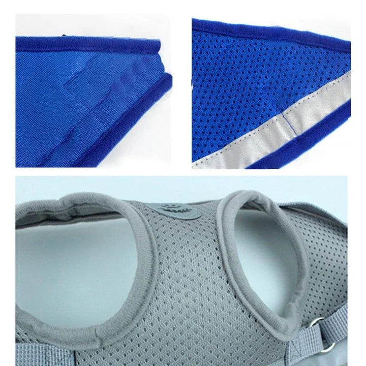 Adjustable reflective dog harness made of durable polyester material with reflective strips for enhanced visibility and safety during outdoor activities.