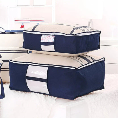 Foldable Under Bed Storage Bag in various sizes, made of moisture-proof non-woven fabric with double-sided handles for easy access and organization
