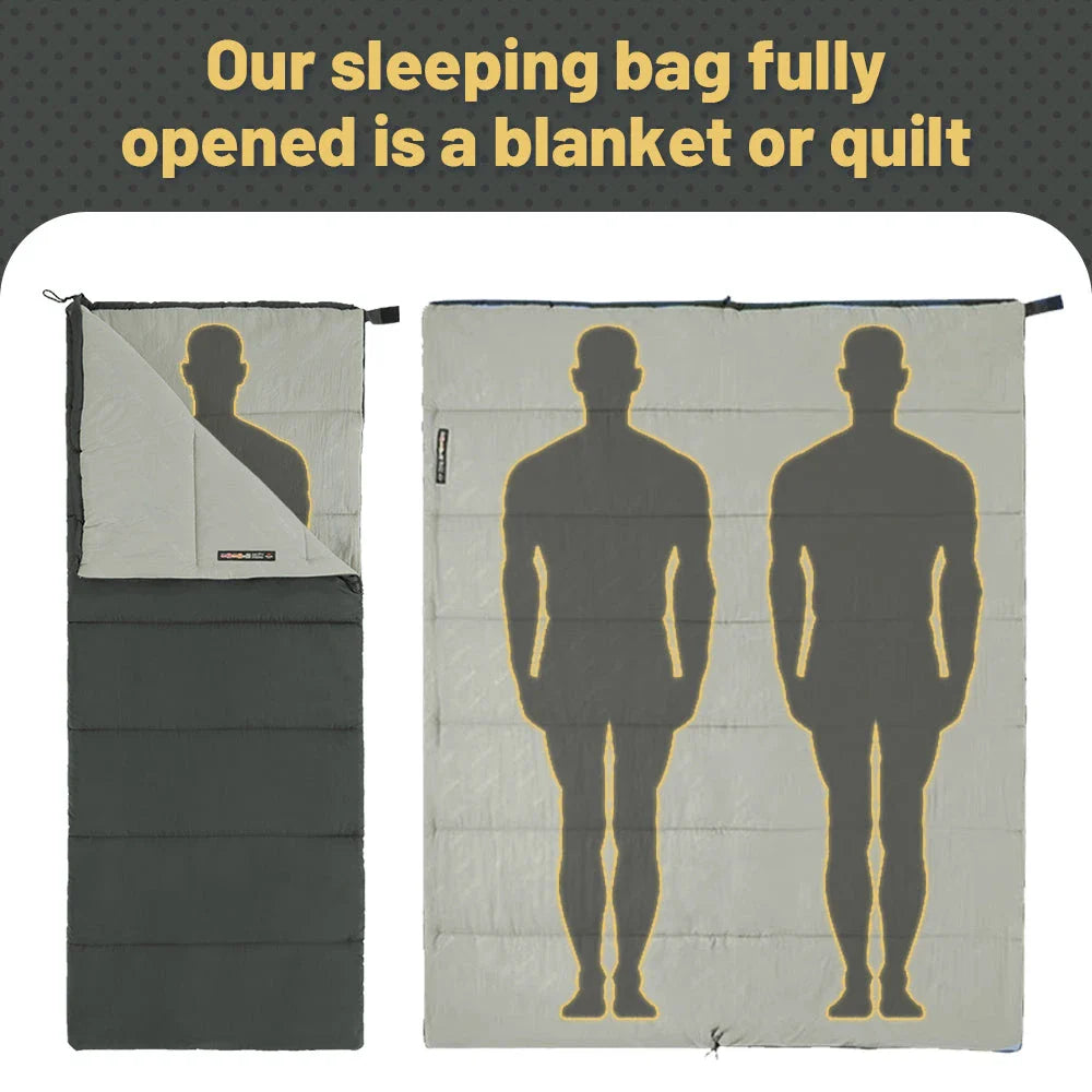 Cozy and lightweight ultralight double sleeping bag for outdoor adventures, featuring a versatile design, waterproof and machine-washable construction, and a comfortable temperature range.
