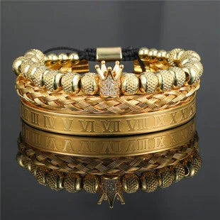 Crown-inspired braided bracelet set with stainless steel and copper construction for a retro-chic American and European style