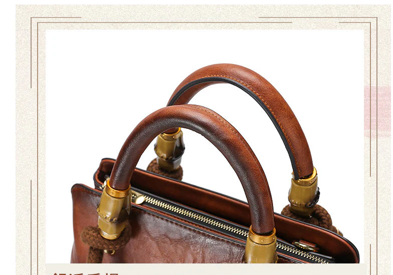 Bamboo shoulder bag with a roomy interior, multiple pockets, and a retro-inspired design for everyday use