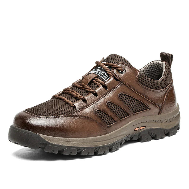 Breathable casual leather sports shoes for men in black and brown colors, featuring a mesh upper and flexible plastic sole for all-day comfort and style.