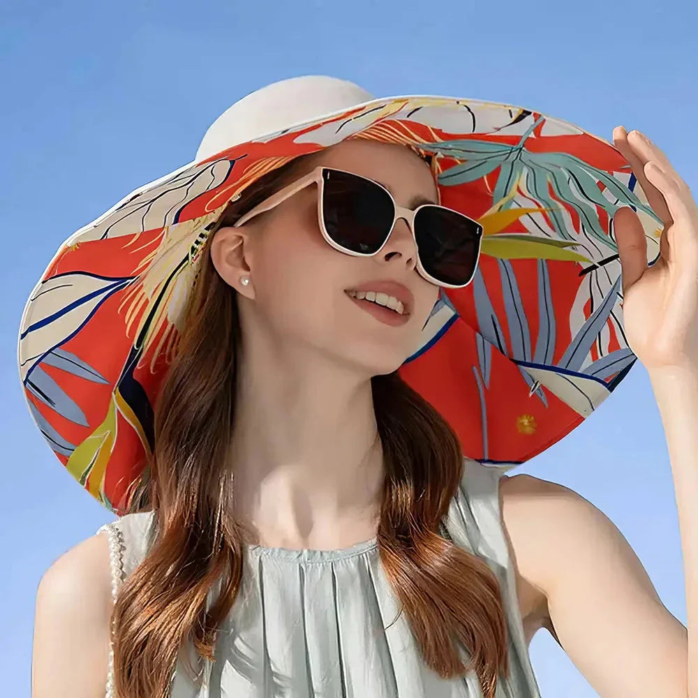 Fashionable Large Brim Women's Sun Hat in Beige with Reversible Floral Print Design