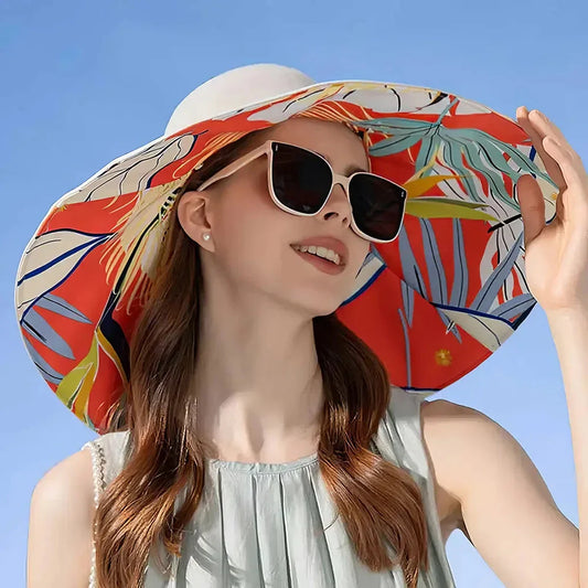 Fashionable Large Brim Women's Sun Hat in Beige with Reversible Floral Print Design