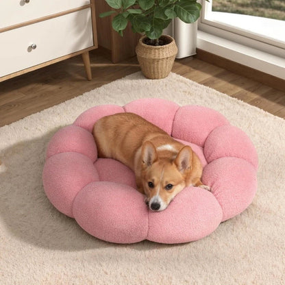 A cozy, flower-shaped dog bed made of soft, plush teddy sherpa fabric with raised edges for head and neck support, providing a calming and comfortable resting spot for medium-sized dogs.
