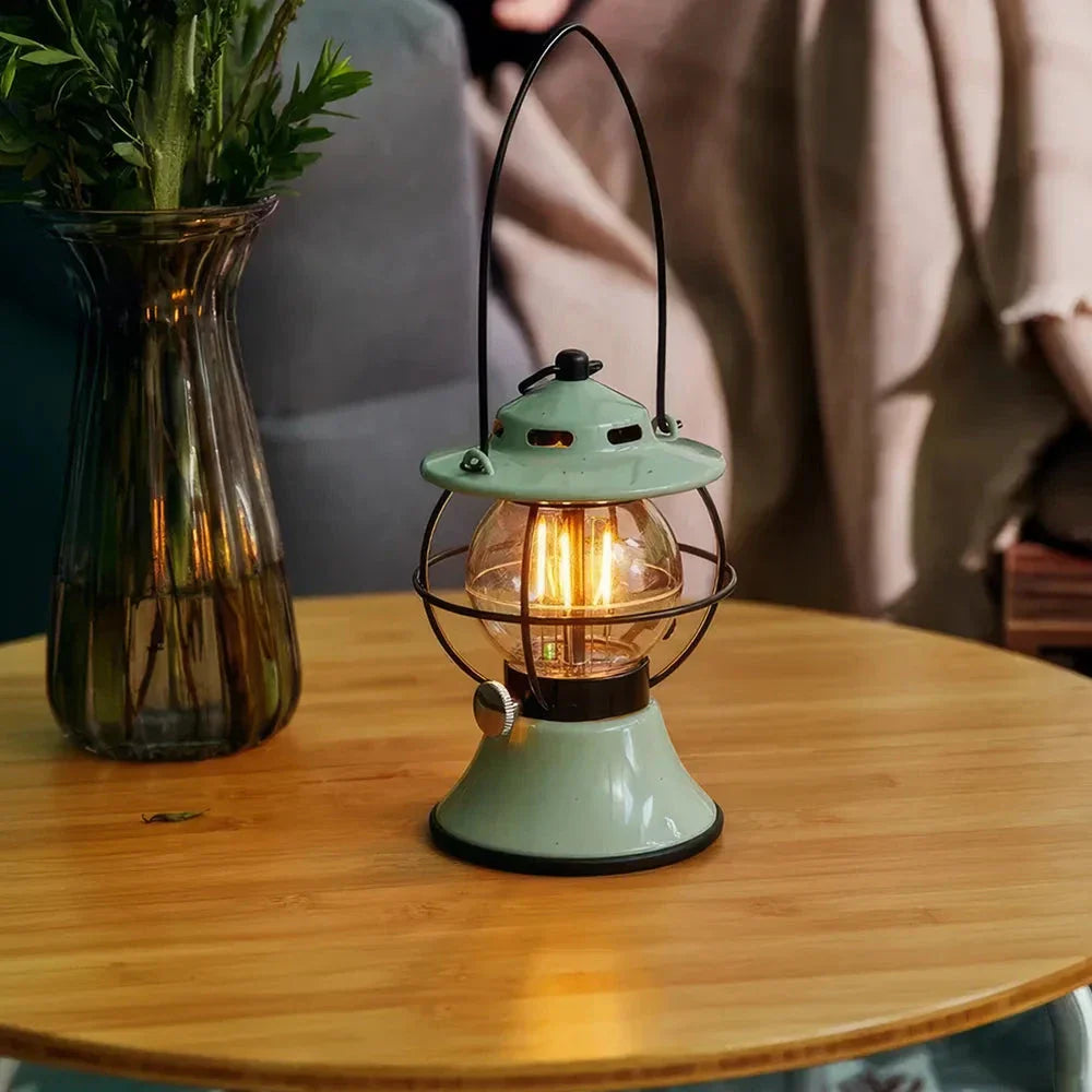 Rechargeable LED Retro Camping Lantern with adjustable light modes, 200-hour runtime, and built-in power bank for outdoor adventures