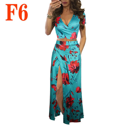 Elegant women's two-piece dress set featuring a floral print design in a variety of sizes
