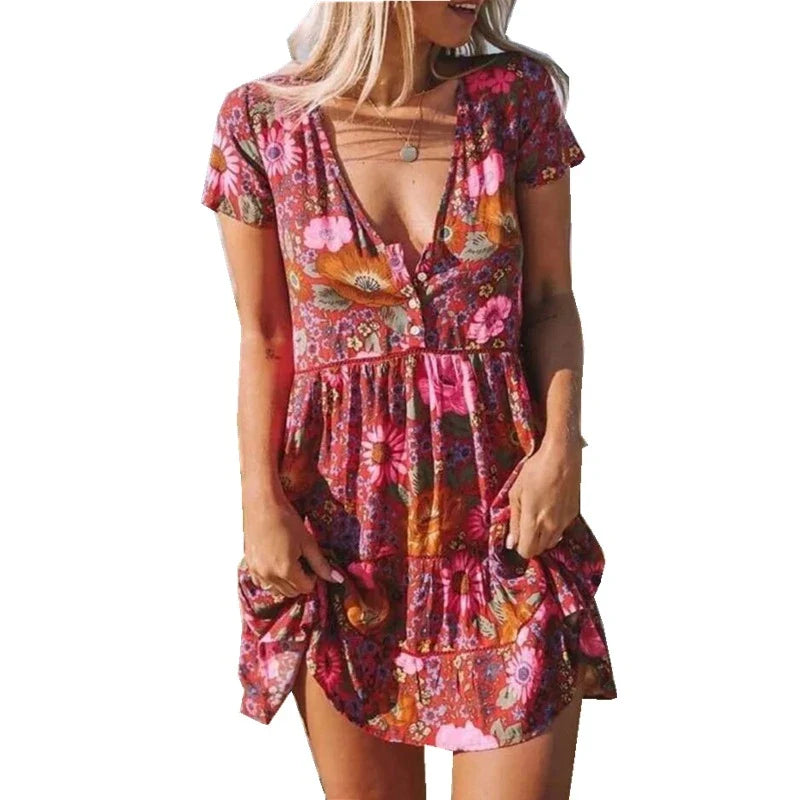 A stylish women's dress with a vibrant printed pattern, V-neck, and short sleeves.