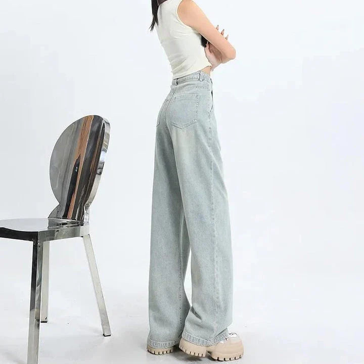 Vintage high-waist straight leg women's jeans in premium stripe fabric with decorative buttons and pockets