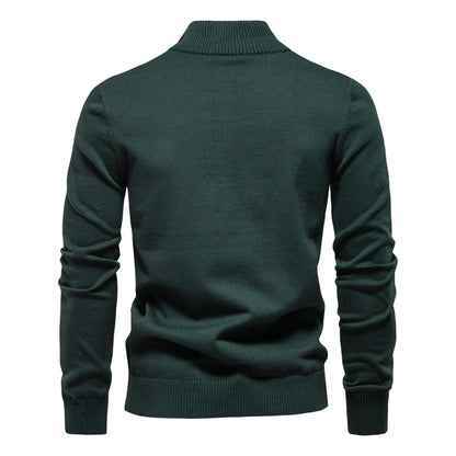 Cozy autumn and winter half-zip sweater in green, dark blue, khaki, and light gray colors