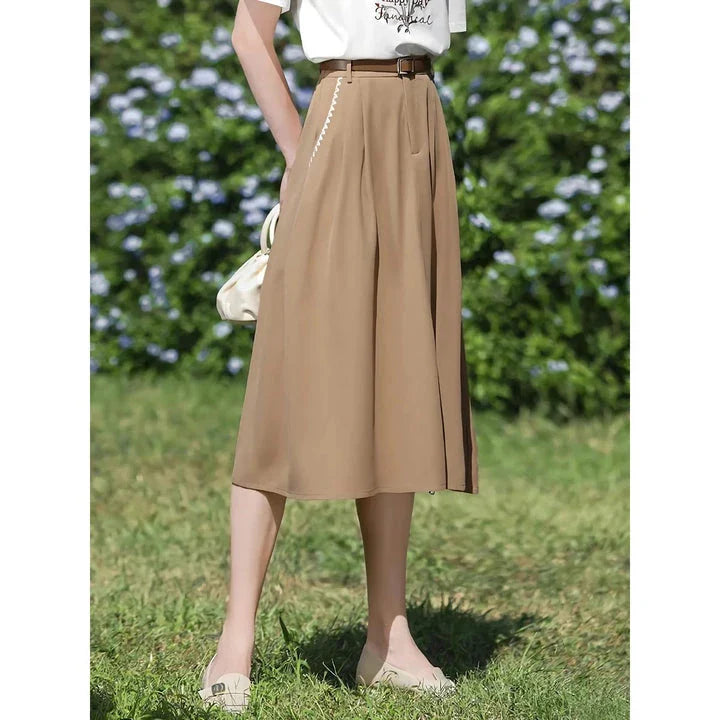 Elegant French-inspired high-waist embroidered A-line skirt in khaki color