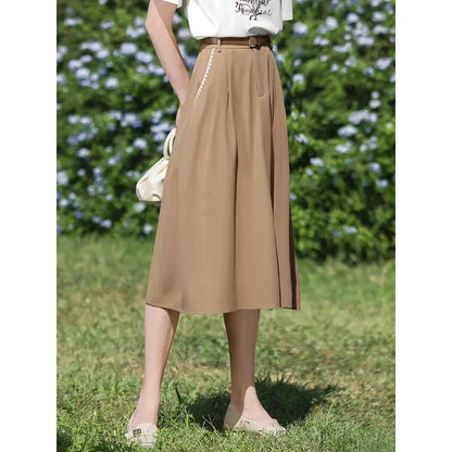 Elegant French-inspired high-waist embroidered A-line skirt in khaki color