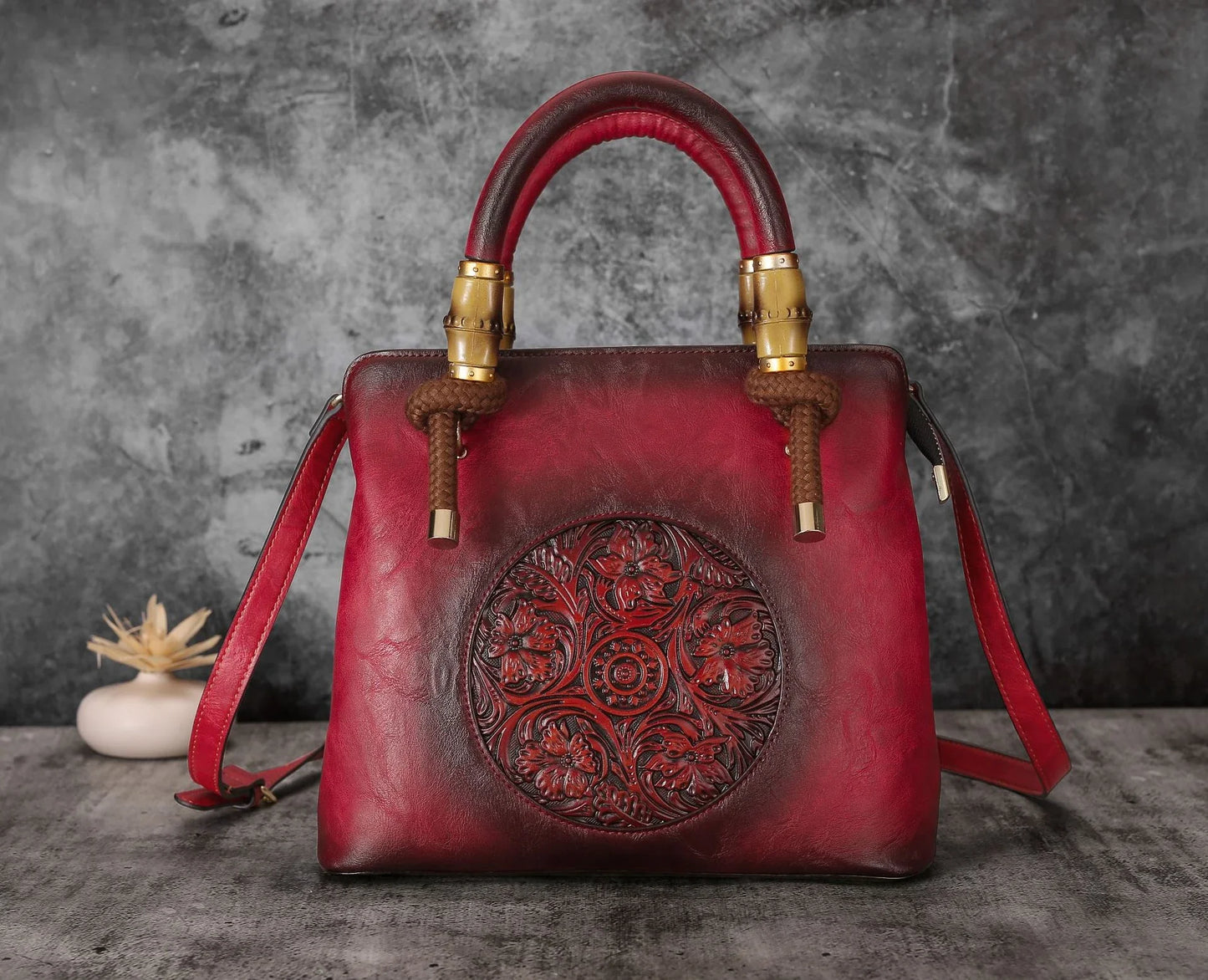 Bamboo shoulder bag with a roomy interior, multiple pockets, and a retro-inspired design for everyday use