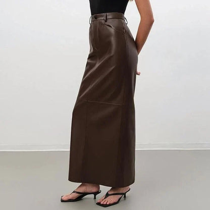 Elegant ankle-length faux leather skirt in vintage brown color, featuring a straight silhouette and empire waistline for a flattering fit.