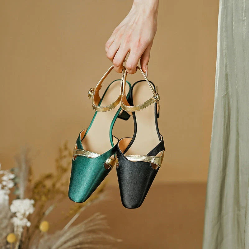 Elegant square heel sandals with ankle strap in green color, perfect for summer occasions