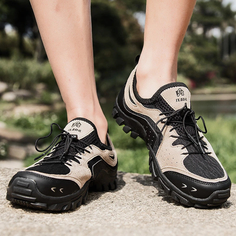 Couple wearing breathable mesh hiking shoes while exploring outdoor trails