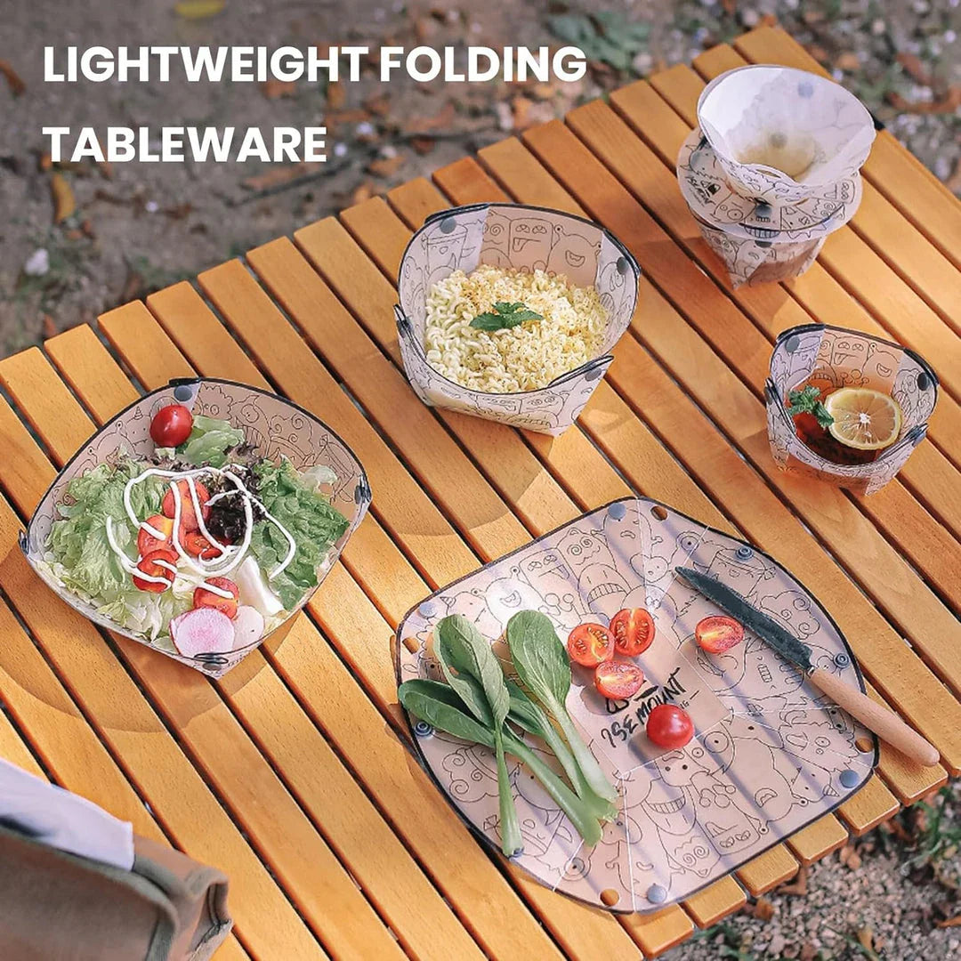 Versatile outdoor dining set with foldable bowl, cup, plate, and coffee drip filter made of durable, heat-resistant polypropylene material