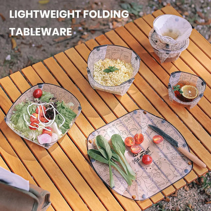 Versatile outdoor dining set with foldable bowl, cup, plate, and coffee drip filter made of durable, heat-resistant polypropylene material