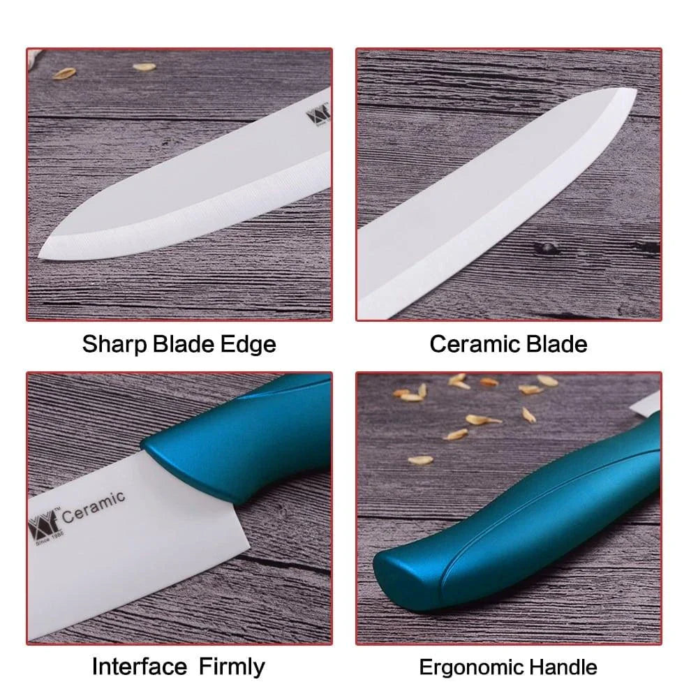 Premium eco-friendly ceramic kitchen knife set with sharp zirconium oxide blades and ergonomic handles