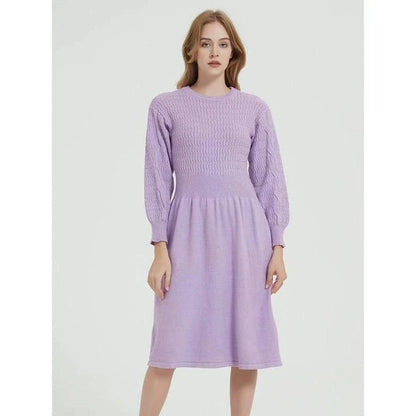 Elegant long sleeve knitted sweater dress in purple red with a classic A-line silhouette and mid-calf length