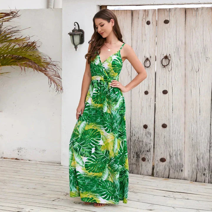 Elegant Bohemian Paisley Print Maxi Dress with spaghetti straps and V-neck, perfect for casual or formal events.