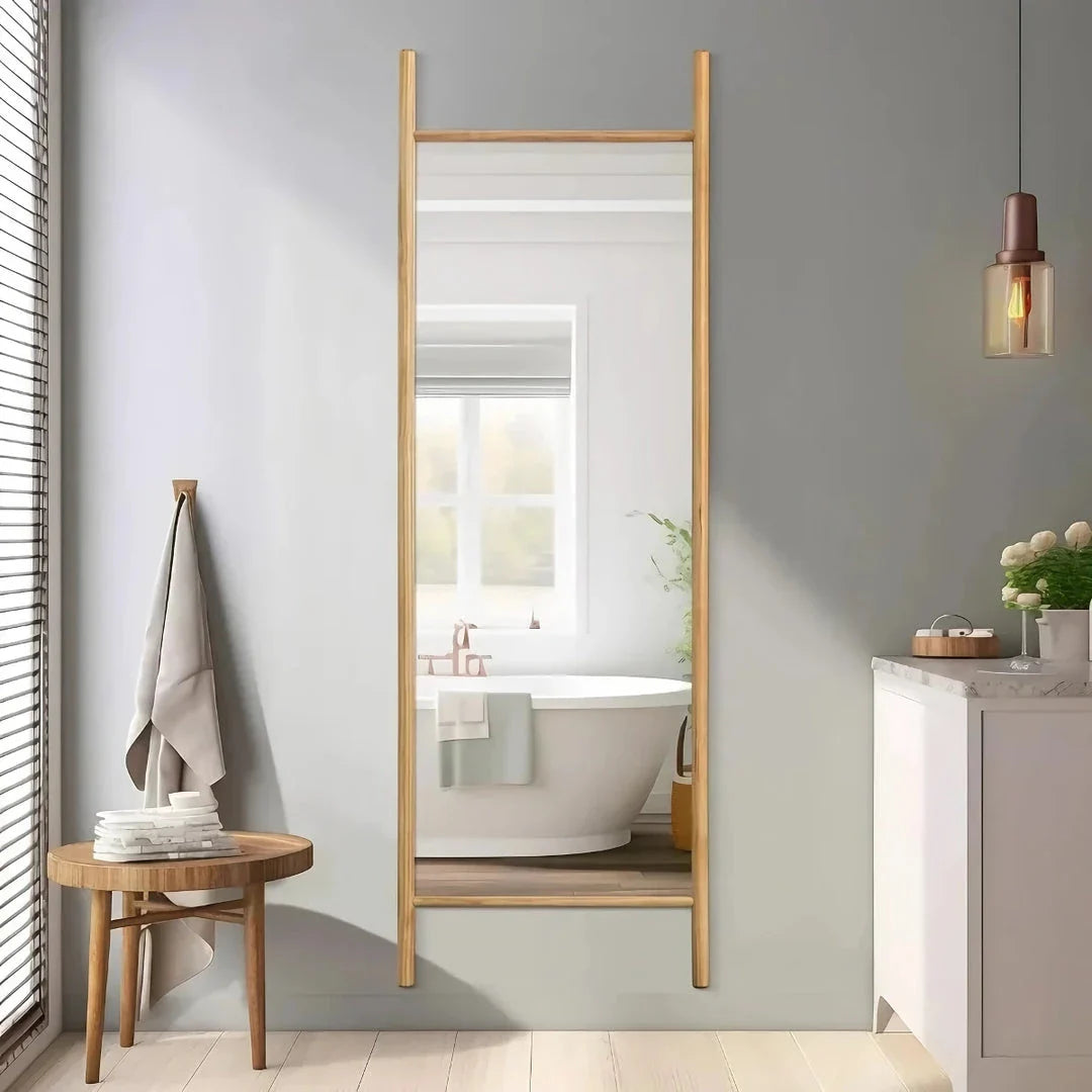Elegant full-length mirror with solid wood frame and shatterproof glass, suitable for wall-mounting or leaning against a surface