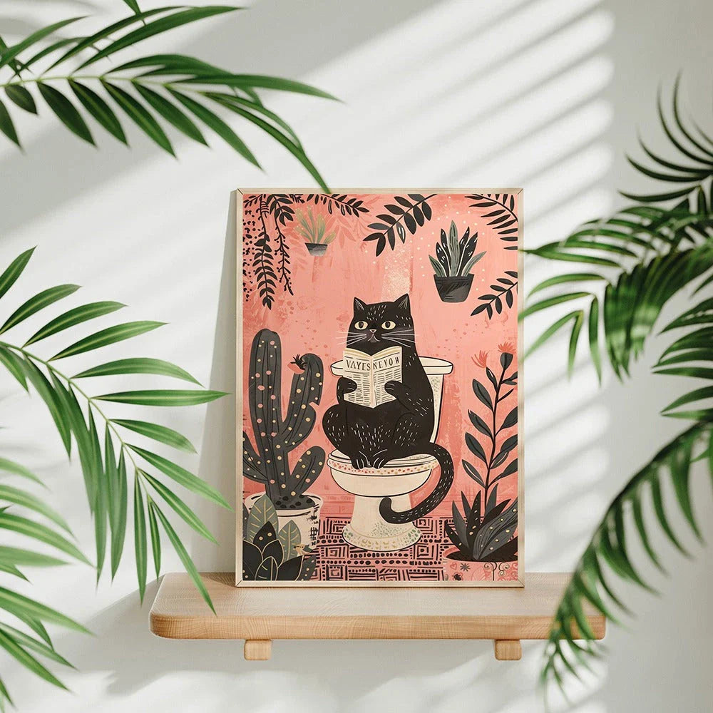 Charming black cat reading on a toilet, printed on a high-quality canvas poster for bathroom decor