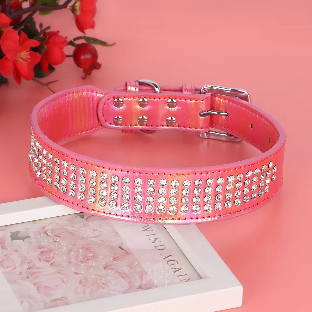 Sparkling rhinestone dog collar made of high-quality PU leather, available in multiple colors for medium and large dogs