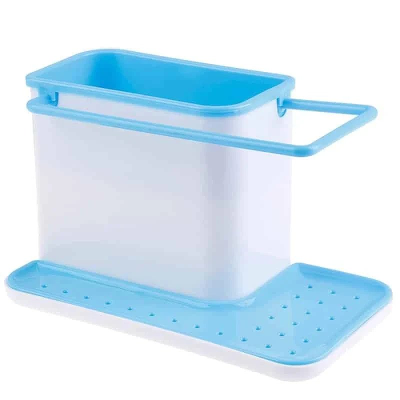 Multifunctional sink organizer with storage compartments, drying rail, and drip tray for a tidy kitchen countertop