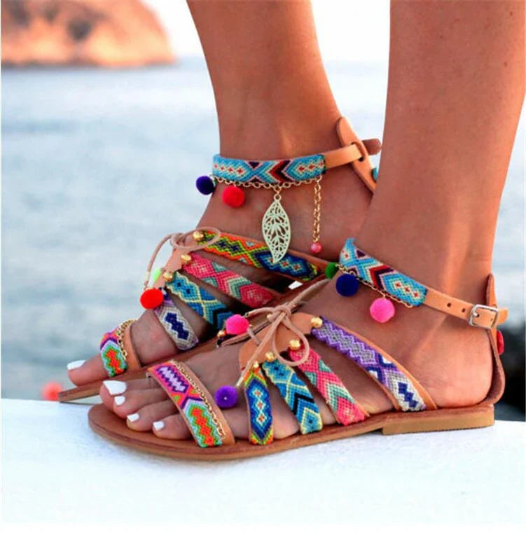 Stylish Bohemian-inspired women's sandals with a rubber sole and breathable artificial PU upper