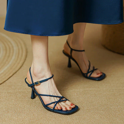 Elegant square high heel sandals for women in beige color with a stylish buckle closure and a cushioned insole for comfort