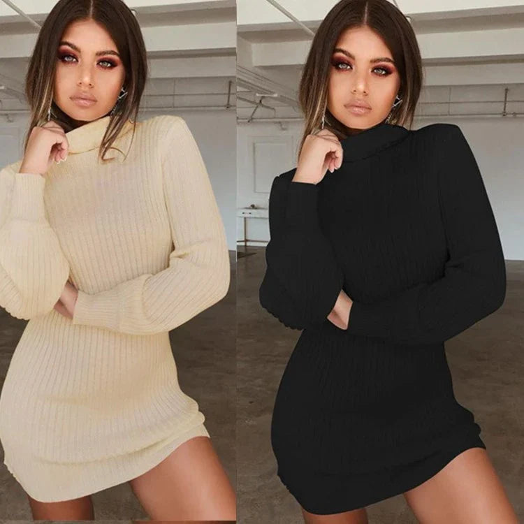 Cozy long sleeve ribbed knit casual dress in solid colors for everyday wear and comfort