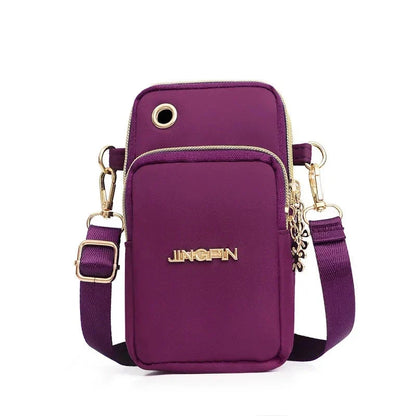 Fashionable women's crossbody phone bag with multi-function pockets and headphone plug for hands-free music access
