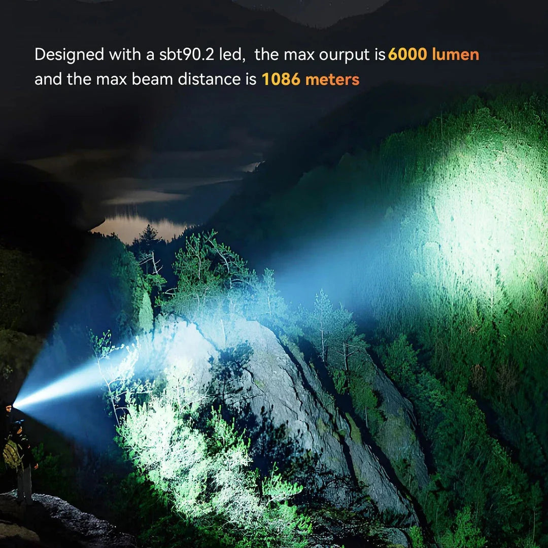 Powerful 6000 lumen tactical LED flashlight with USB-C power bank, long-range illumination, and durable waterproof design