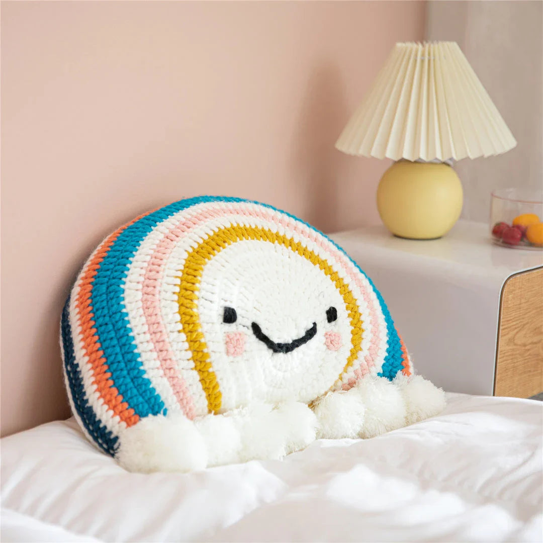 Cute cartoon rainbow sunflower decorative cushion with colorful pompom accents and a soft, supportive design