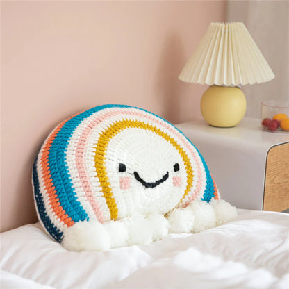 Cute cartoon rainbow sunflower decorative cushion with colorful pompom accents and a soft, supportive design