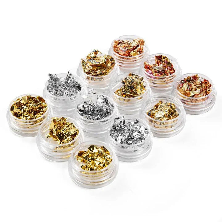 Dazzling gold and silver glitter foil nail art set with 12 vibrant pots for creating stunning, sparkly nail designs