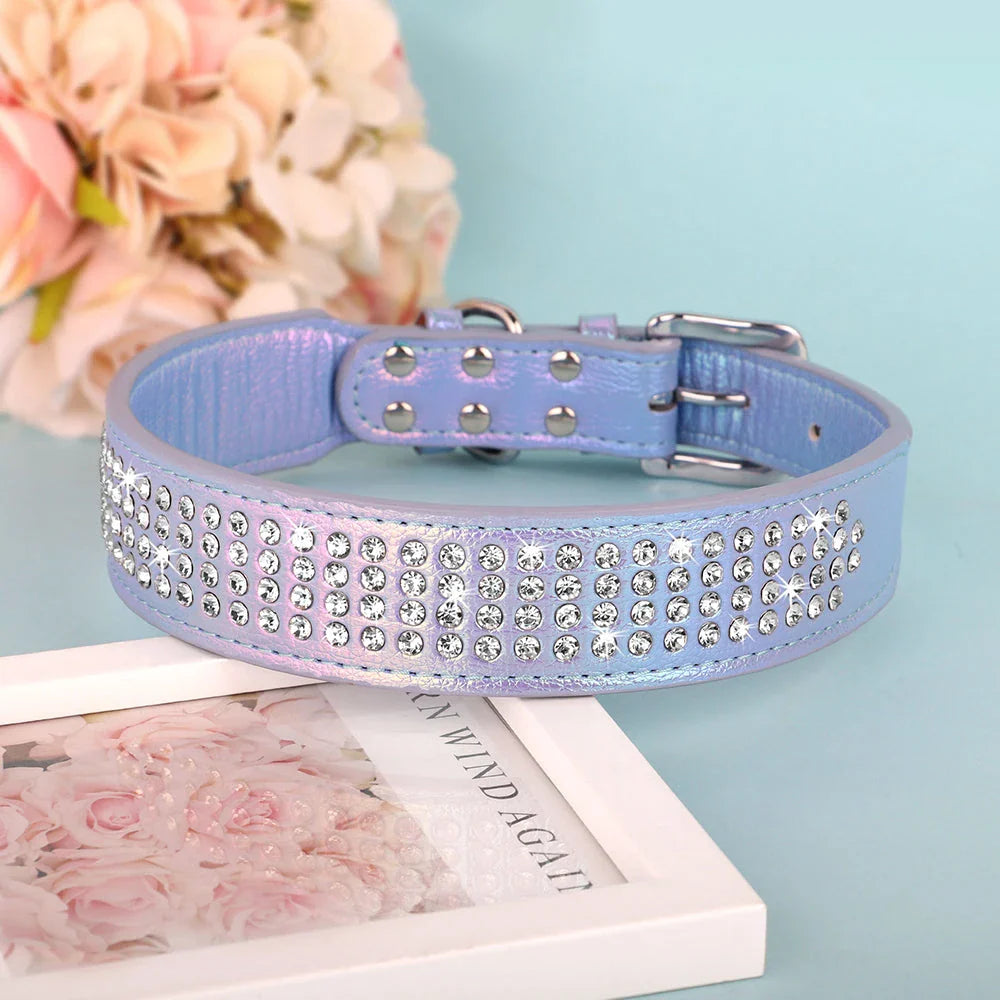 Sparkling rhinestone dog collar made of high-quality PU leather, available in multiple colors for medium and large dogs