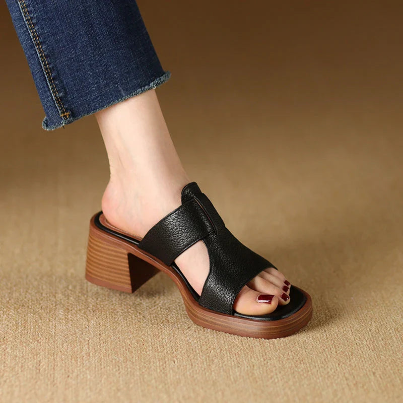 Women's Leather Peep Toe High Heel Sandals in Black, featuring genuine leather upper, sheepskin lining, and stylish square heel design