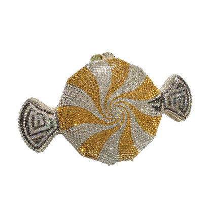 A stylish candy-shaped bag adorned with sparkling rhinestones, featuring a compact and versatile design perfect for everyday use.