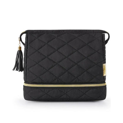 Elegant dual-layer makeup organizer bag in pink color with stylish tassel zippers and smooth zipper closure for easy access to cosmetics and beauty essentials