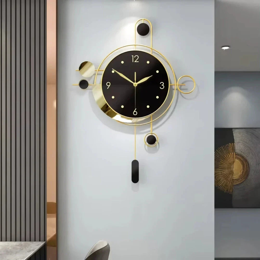 Elegant Art Deco Gold and Black Wall Clock with a captivating pendulum and modern geometric design, perfect for contemporary home decor