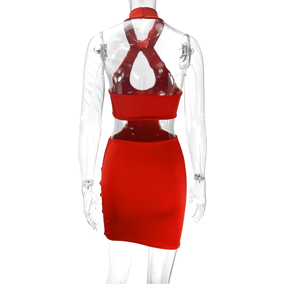 Backless midi skirt with halter neckline and trendy cutouts, available in white, black, and red colors