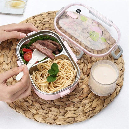 A pink stainless steel lunch box with a 650ml capacity, perfect for active kids on the go.