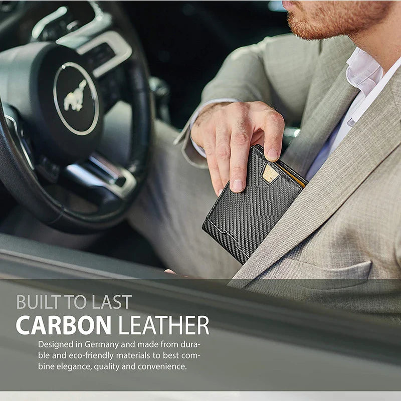 Premium men's wallet made of genuine leather and carbon fiber, featuring multiple card slots for organized storage and a sleek, slim design.