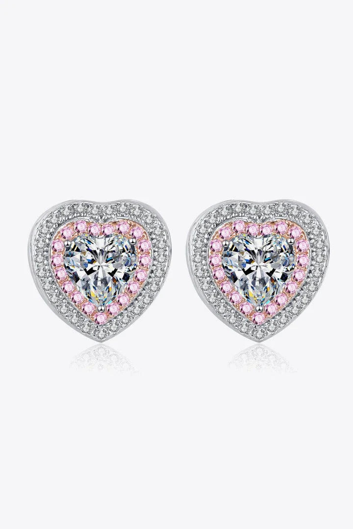 Elegant silver moissanite heart-shaped stud earrings with sparkling zircon accents